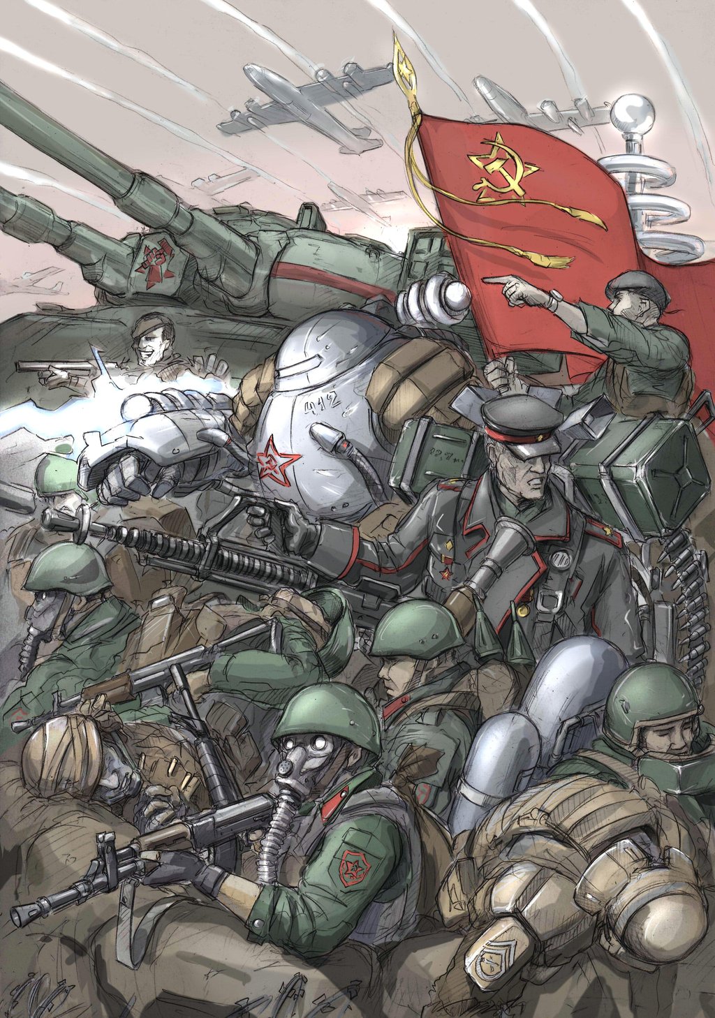 1024x1458, 406 Kb / клюква, СССР, флаг, мехи, воины, red alert, tugodoomer