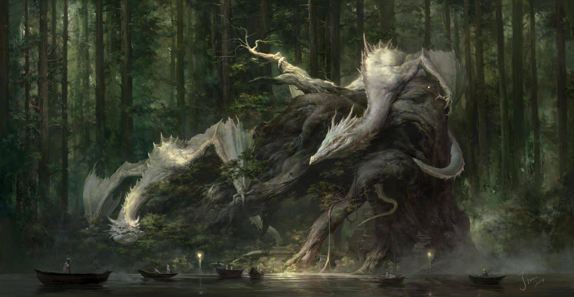 1920x995, 216 Kb / лес, драконы, заводь, река, лодки, люди, Xiaodi Jin