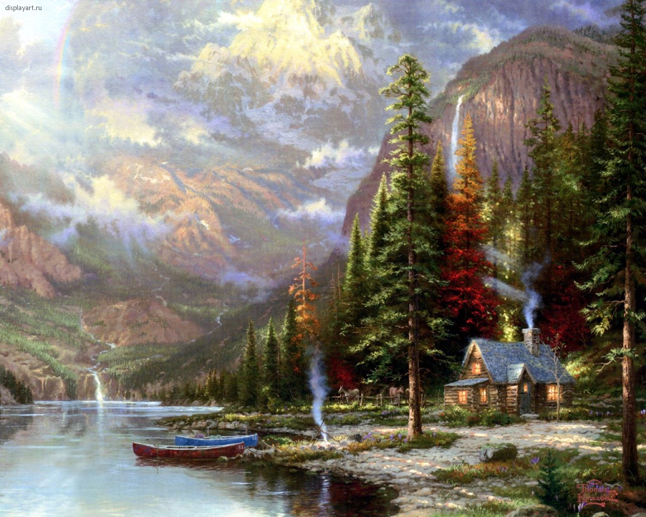 1280x1024, 439 Kb / домик, берег, река, лодки, лес, горы, картина