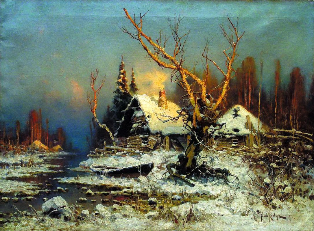 1086x800, 230 Kb / картина, избушка, снег