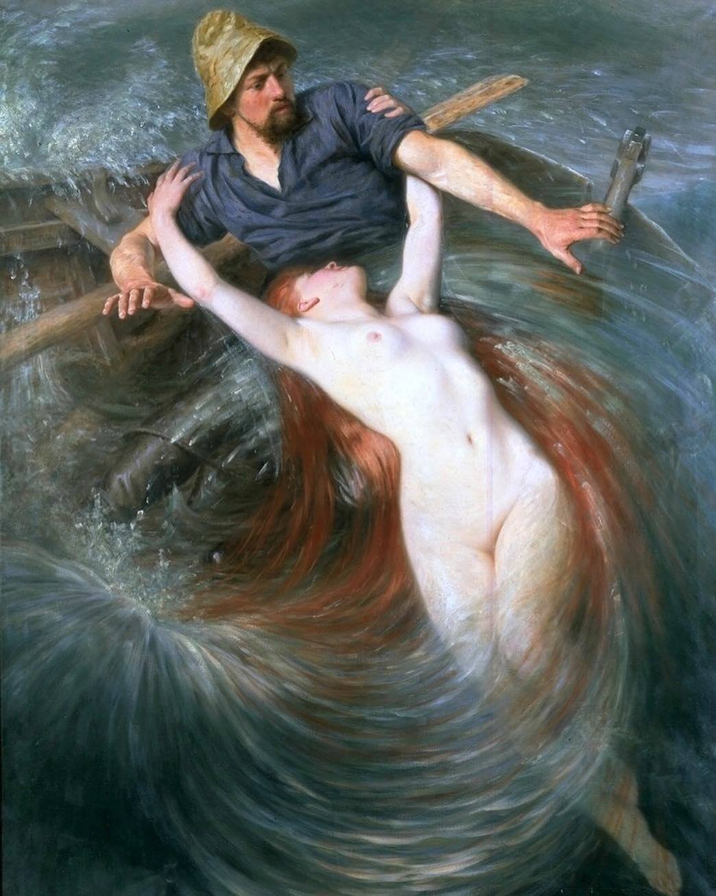 1044x1306, 136 Kb / женщина, русалка, рыжая, мужчина, плот, лодка