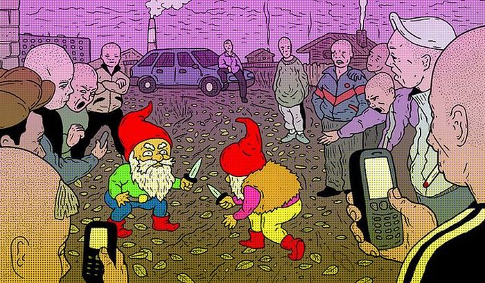 700x409, 116 Kb / гномы, гопники, поножовщина, телефоны, сигарета, труба, дым, драка