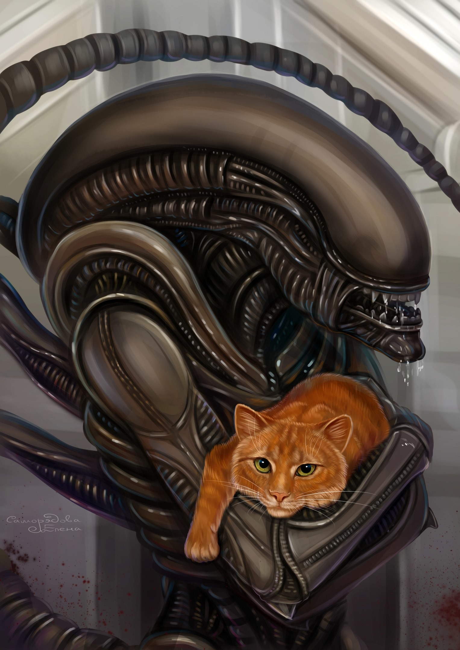 1527x2160, 415 Kb / чужой, ксеноморф, кот, елена самородова, рисунок