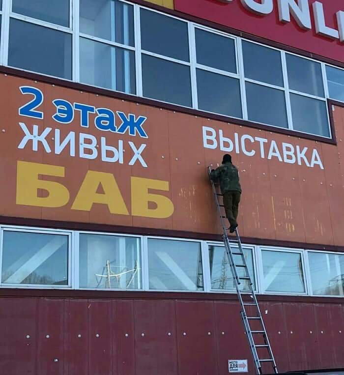 700x763, 54 Kb / выставка, баб, дабы, вывеска, реклама, фасад, лестница, этаж, стремянка