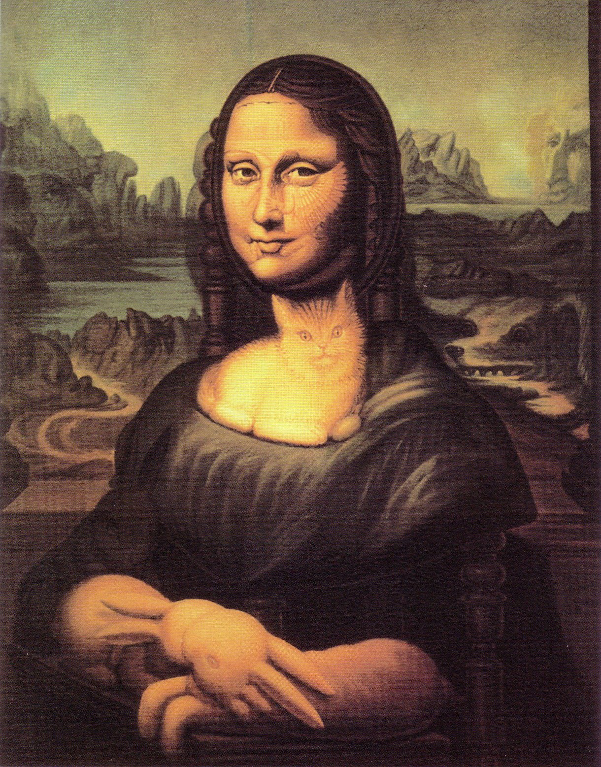 1220x1557, 638 Kb / мона лиза, иллюзия, кот, собака