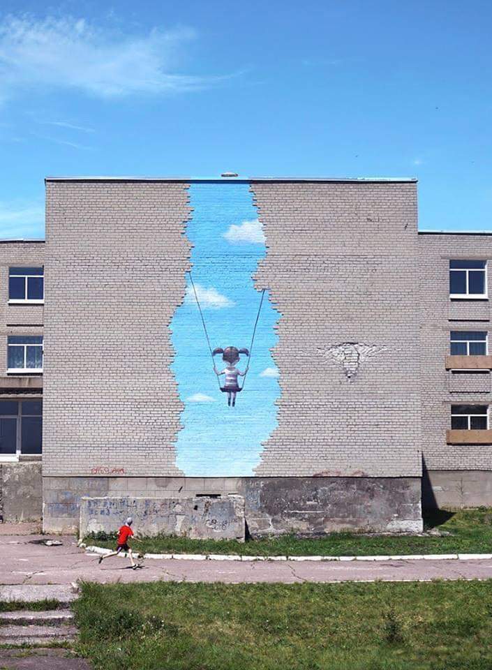 705x960, 96 Kb / Стена, кирпич, качели, рисунок, небо