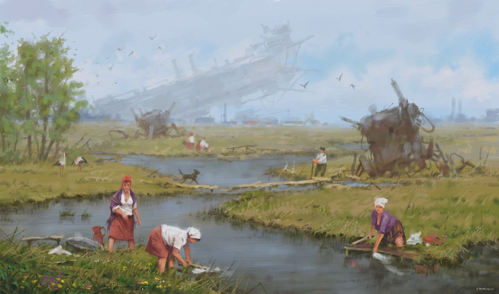 1890x1112, 290 Kb / Jakub Rozalski, речка, стирка, мостки, луг, корабль, роботы