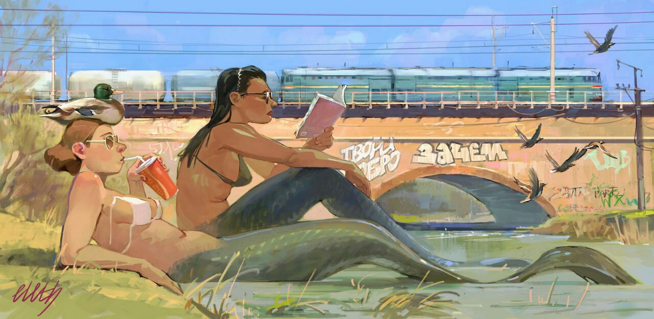1280x625, 142 Kb / зачем, русалки, поезд, утка, очки, книга, стакан