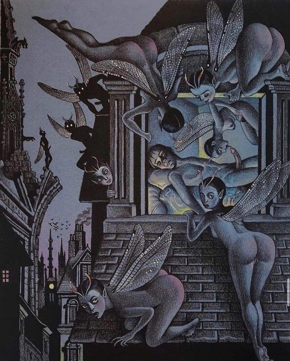 926x1154, 196 Kb / феи, инкубы, суккубы, крылья, спящий, мужчина, здания, дома, рисунок