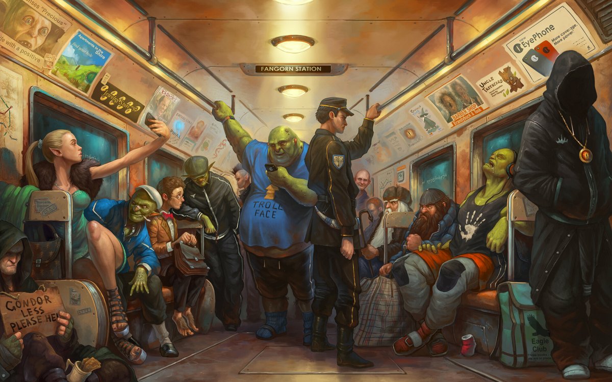 1200x750, 183 Kb / тролли, люди, метро, Tony Sart, Антон Яковлев, гоблинв, Следопыт, эльфийка, селфи, троллфейс, гном, хоббит