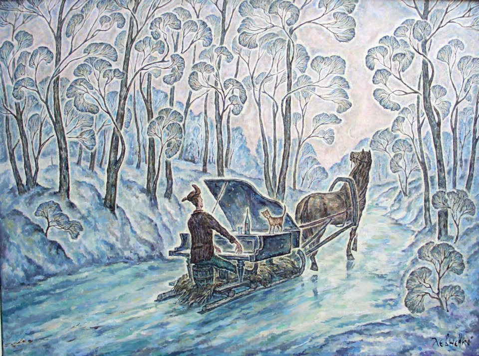 960x715, 201 Kb / зимняя дорога, дровни, ушанка, бутылка, кот, лошадь, рояль