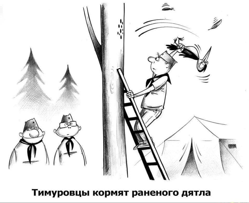 960x785, 81 Kb / Тимуровцы, дятел, карикатура, ч/б, рисунок