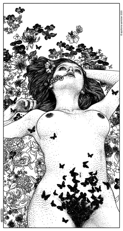 409x768, 148 Kb / женщина, бабочки, цветы, рисунок, ч/б, гравюра