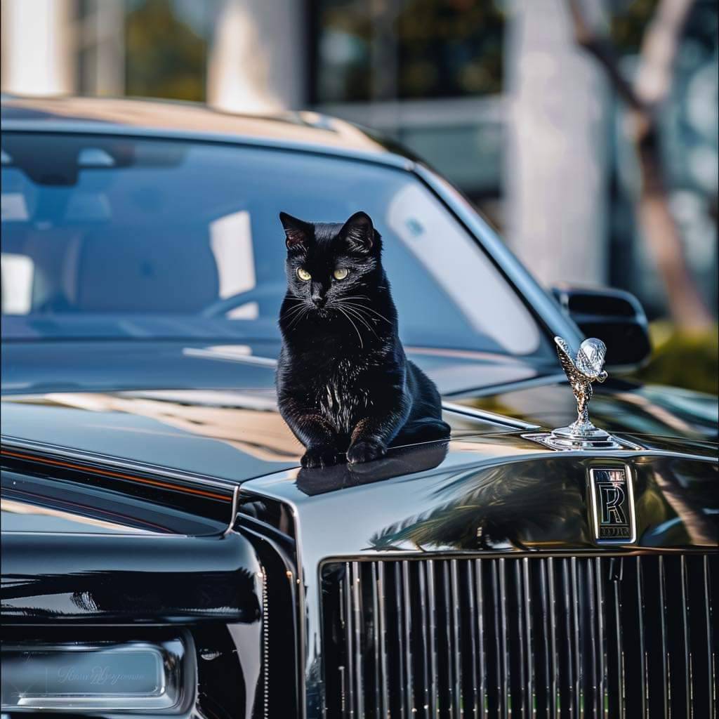 1024x1024, 101 Kb / Rolls-Royce Motor Cars, кошка, радиатор, черный, кот, от усов до хвоста