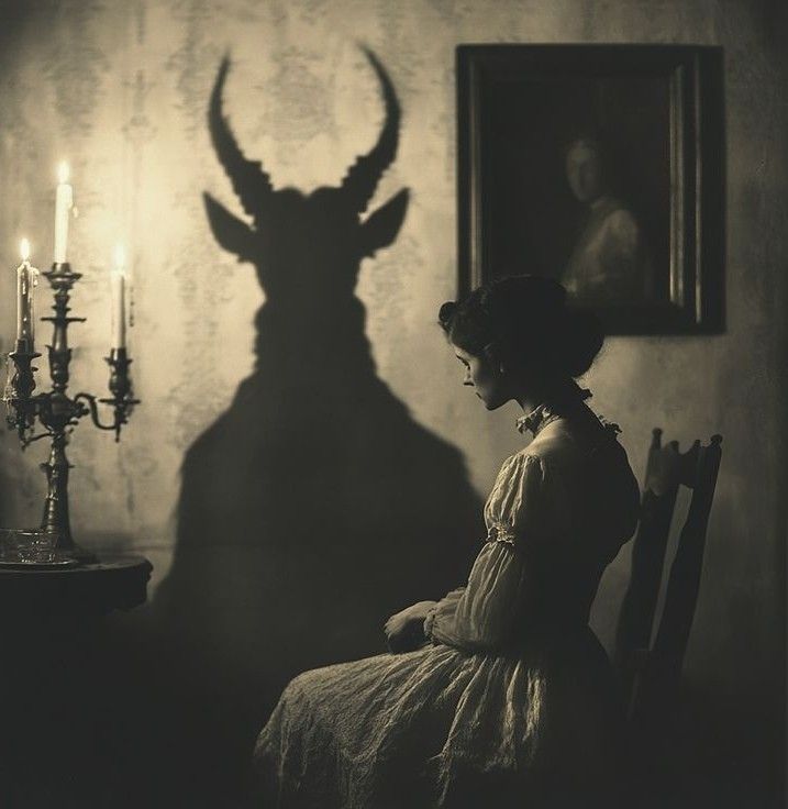 717x736, 48 Kb / женщина, картина, образ, тень, рога, свечи, стул, ч/б