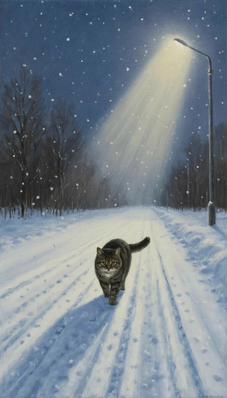 768x1344, 217 Kb / Кот, дорога, фонарь, снег, шедеврум
