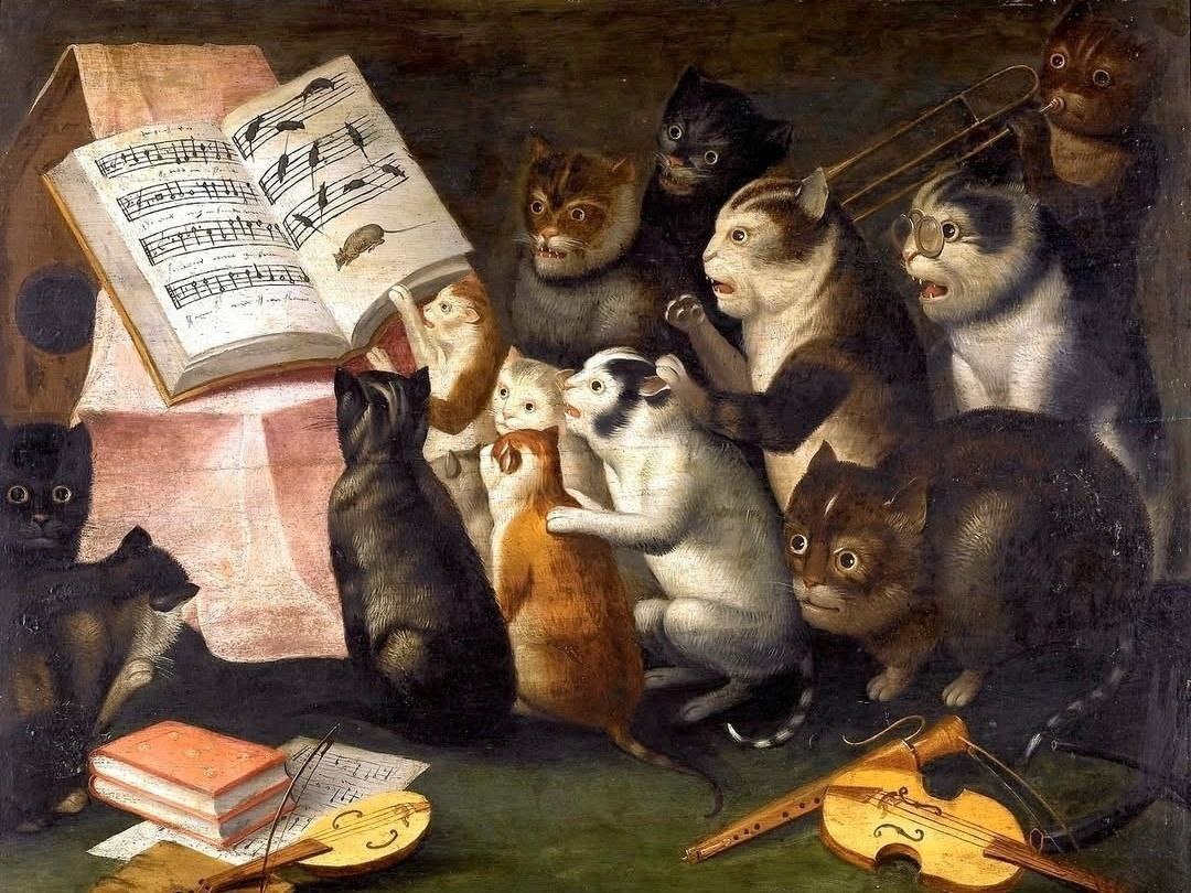 1080x810, 204 Kb / Картина, масло, Кошачий концерт, коты, ноты, мыши