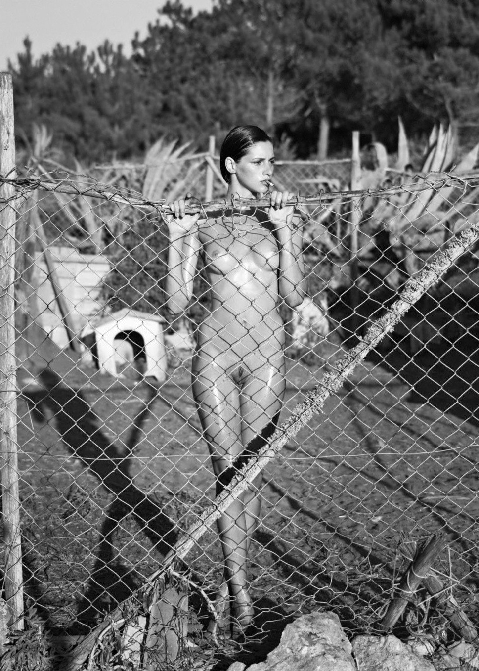 969x1357, 479 Kb / ч/б, голая, сетка, забор, сигарета, будка, рабица