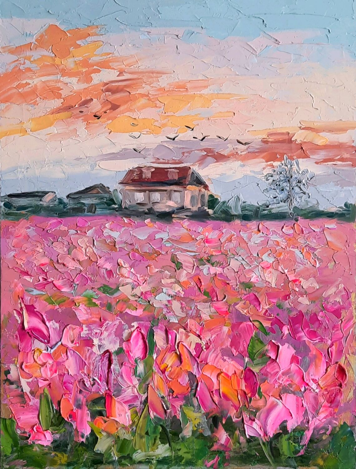 1141x1500, 326 Kb / Картина, масло, тюльпаны, поле, дом