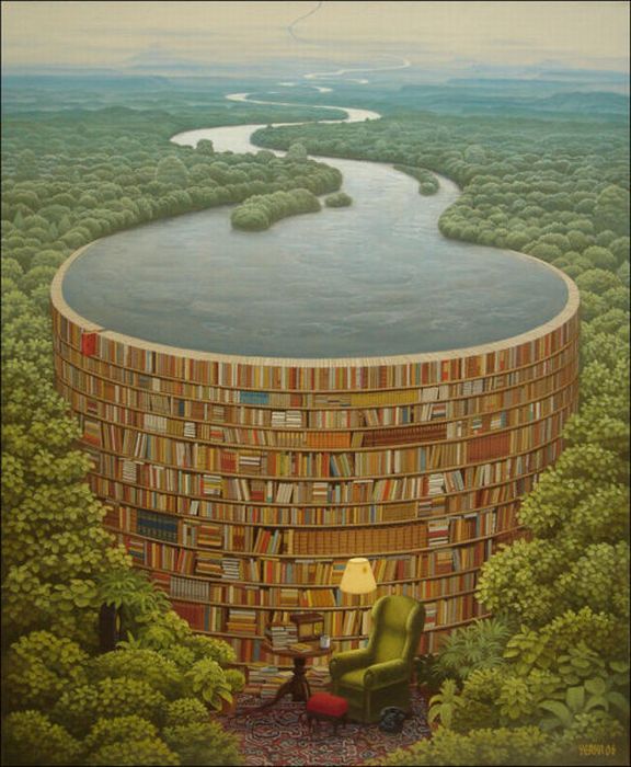 576x700, 84 Kb / рисунок, река, лес, библиотека, кресло, горизонт