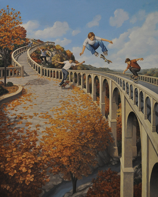 513x640, 236 Kb / осень, мост, скейтборд, иллюзия, картина