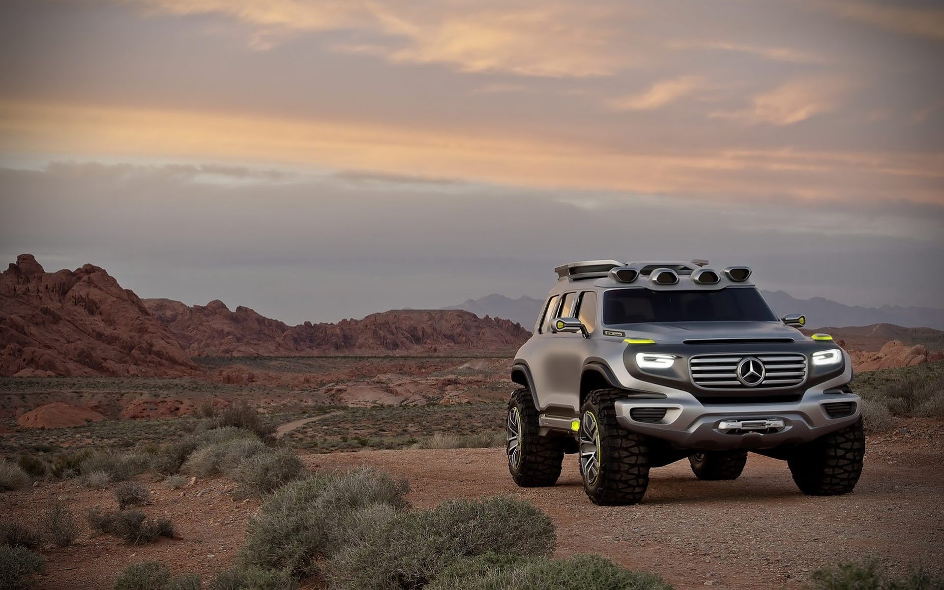 1920x1200, 291 Kb / Пустыня, внедорожник, закат, горы, мерседес, Mercedes-Benz, Ener-G-Force, прототип, 2012