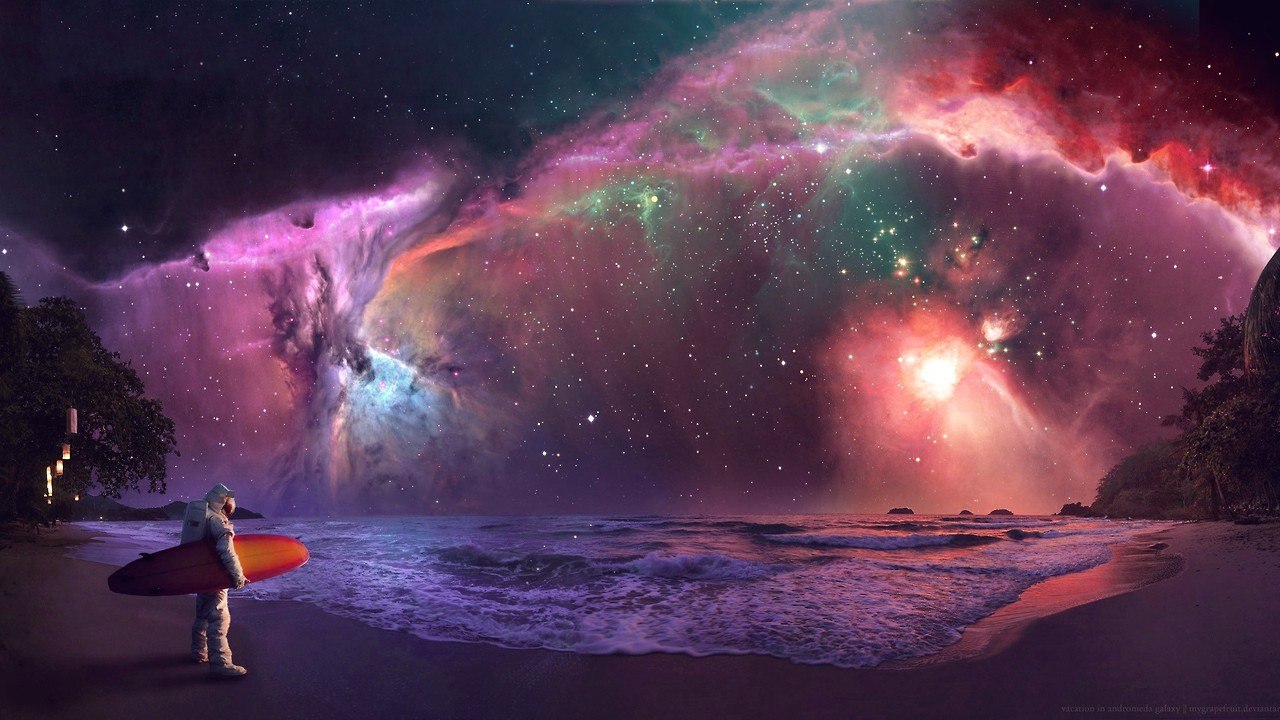 1280x720, 187 Kb / море, звезды, космонавт, доска