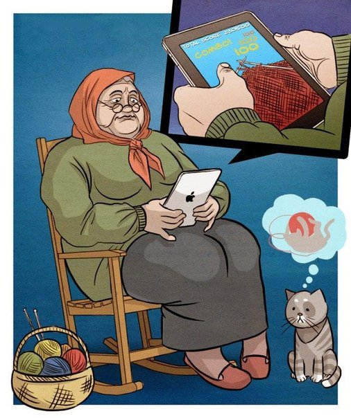 506x604, 85 Kb / бабушка, ipad, кот, клубок, вязание