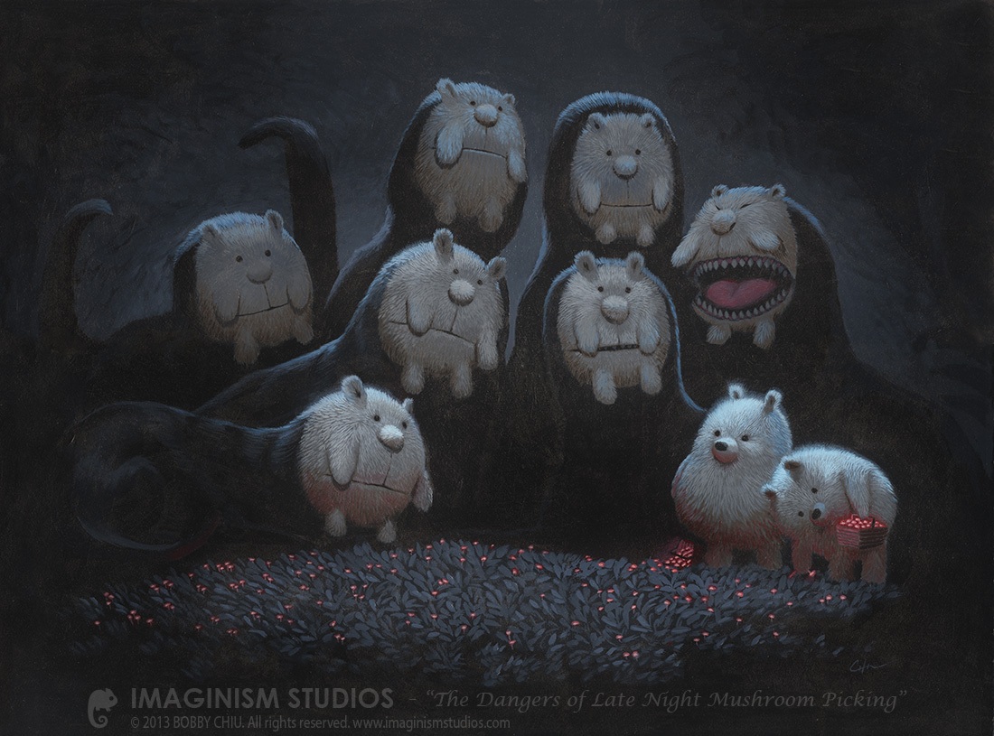 1100x815, 292 Kb / Dangers, Night, Mushroom, Picking, мишки, коты, пушистики, белые, чёрные