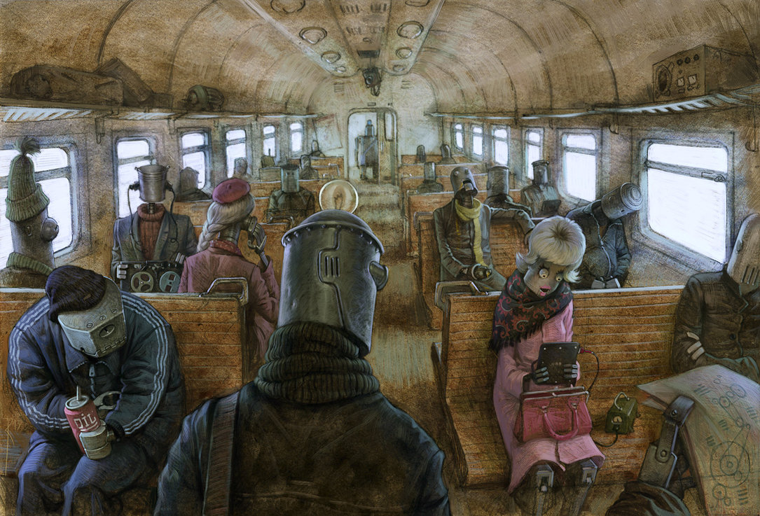 1085x737, 262 Kb / робот, электричка, вагон, собака, Вальдемар Казак, Valdemar Von Kozak