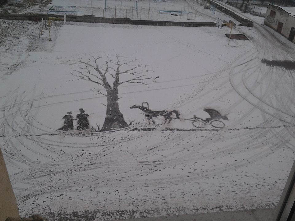 960x720, 120 Kb / Рисунок, снег, люди, дерево, бричка