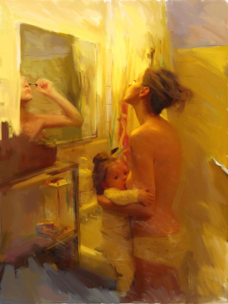 750x1000, 99 Kb / мама, дочь, кормит, красится, Multitasking, многозадачность, Ricky Mujica