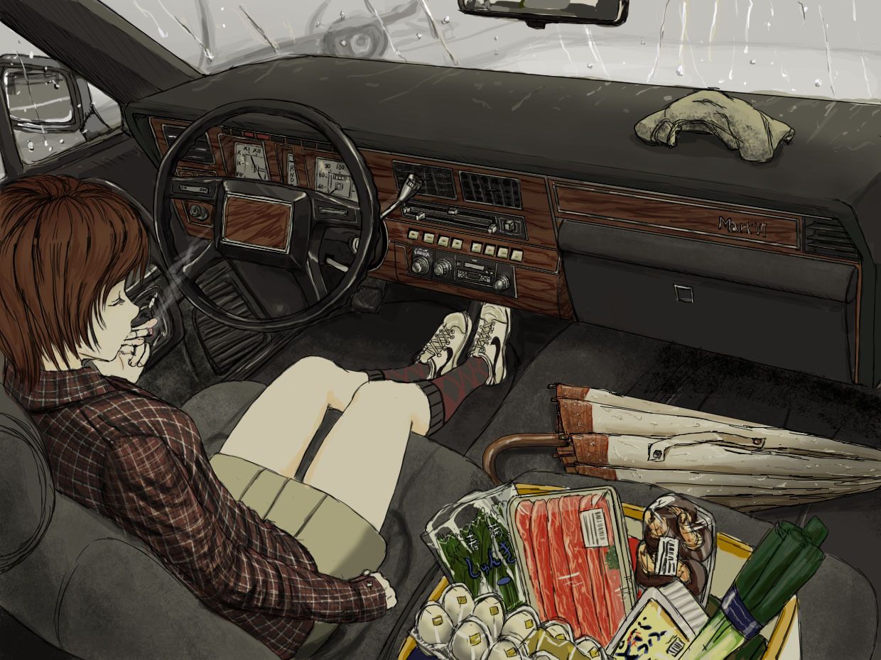 1240x930, 198 Kb / рисунок, девушка, автомобиль, машина, сигарета, дождь, зонтик