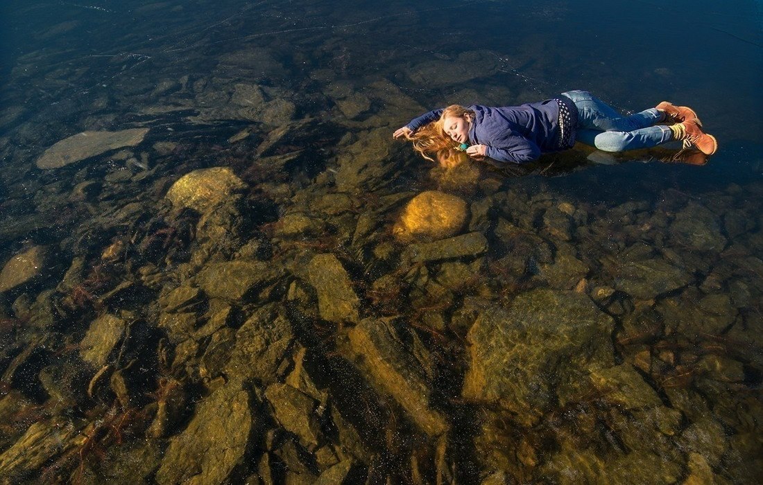 1100x700, 215 Kb / девушка, рыжая, озеро, лёд