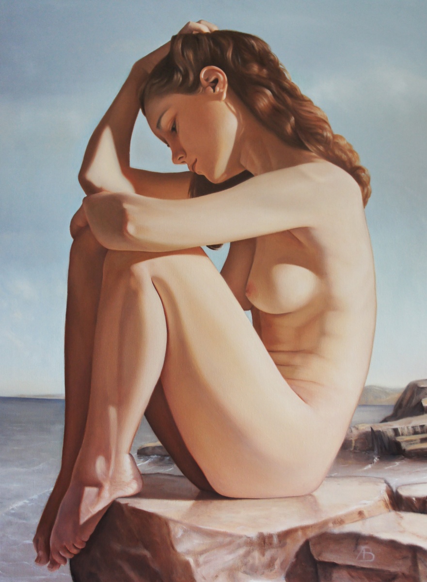 881x1200, 236 Kb / реализм, шатенка, рисунок, скала, море, голая