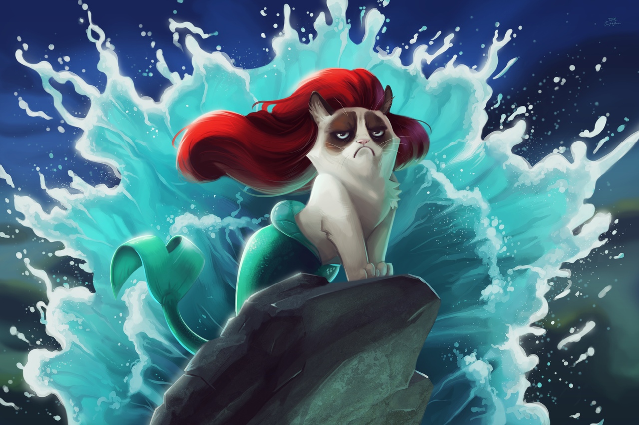 1280x853, 348 Kb / русалочка, море, утёс, грустный, кот