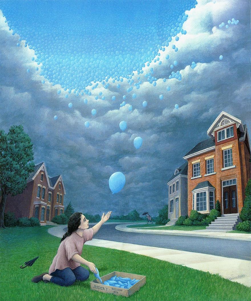 880x1058, 190 Kb / иллюзия, девочка, шарики, небо
