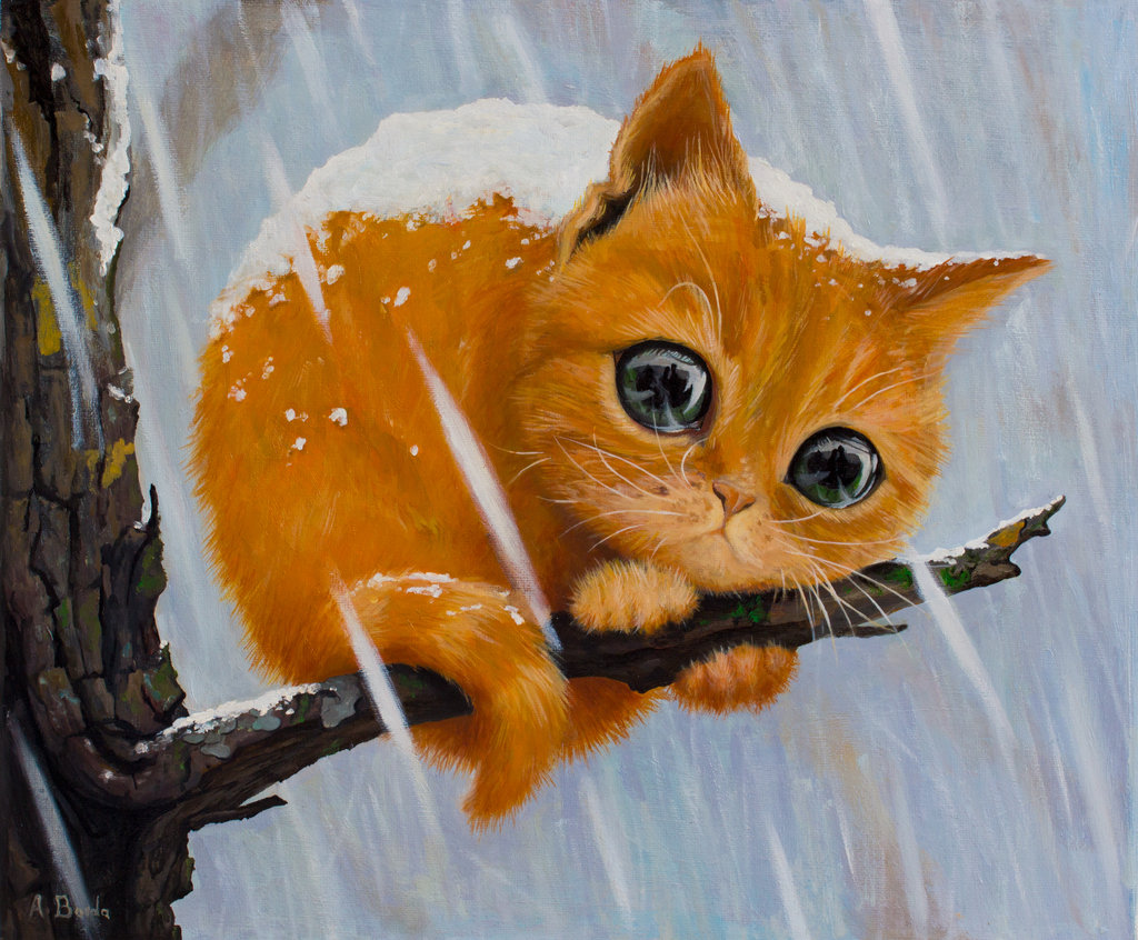 1024x846, 221 Kb / дерево, ветка, снег, кот