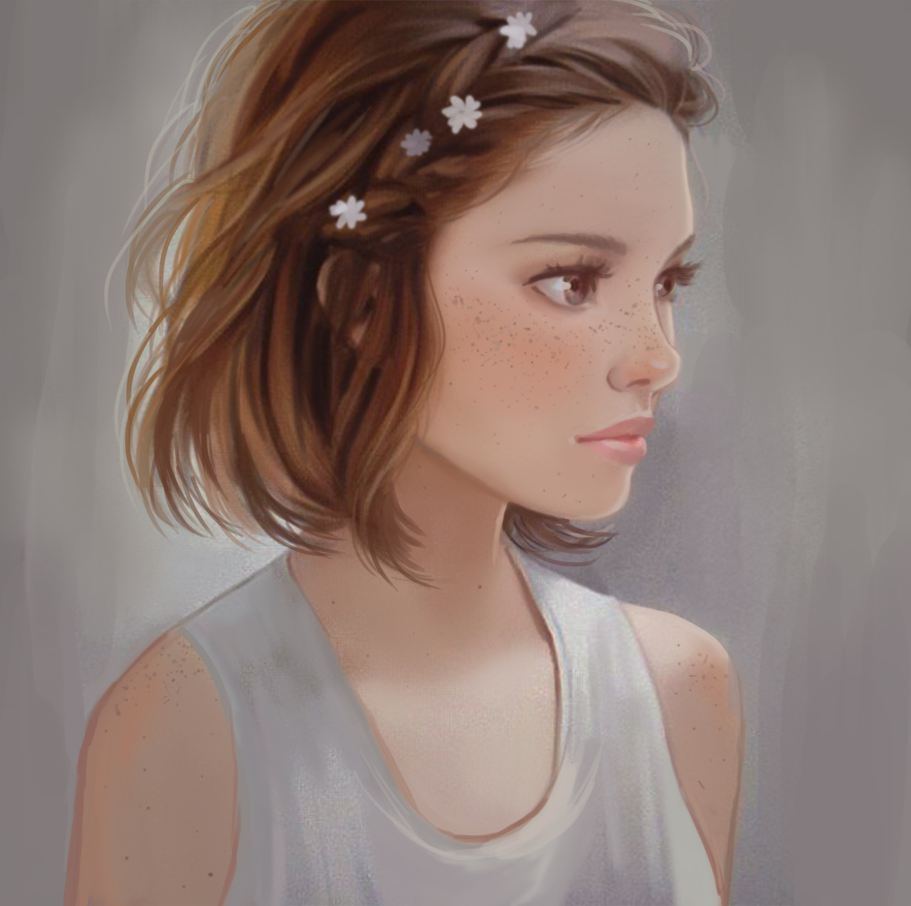 1280x1273, 207 Kb / веснушки, цветы, шатенка