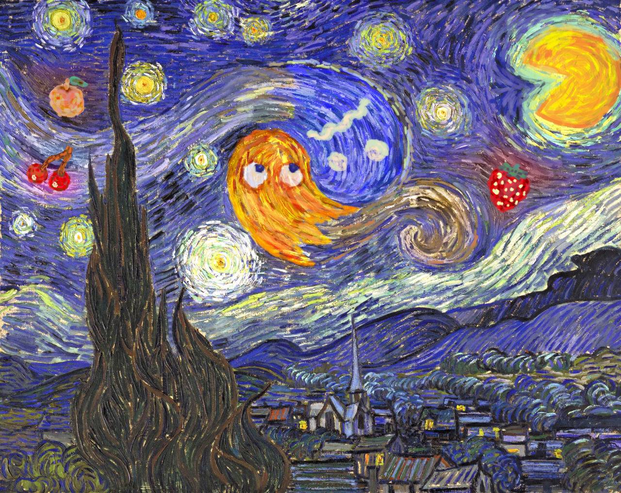 1280x1016, 324 Kb / pacman, пакман, вишня, ван гог, клубничка