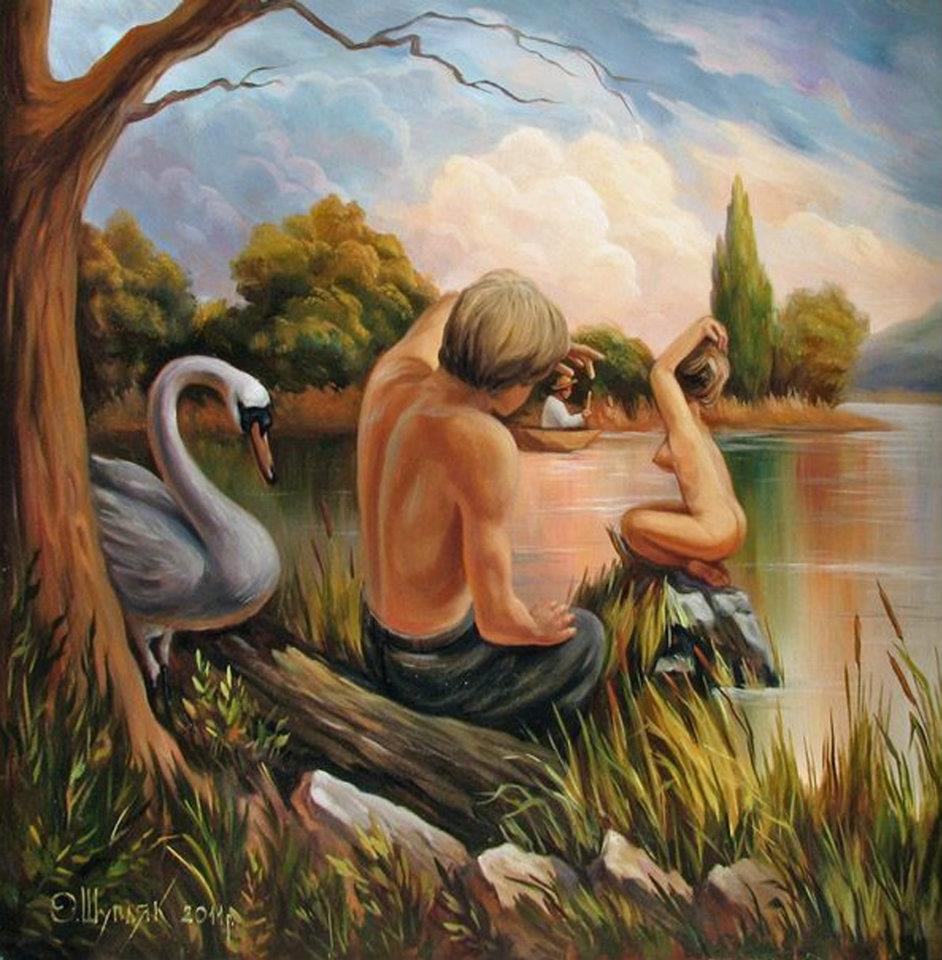 942x960, 126 Kb / картина, лебедь, озеро, лицо, шупляк, шевченко
