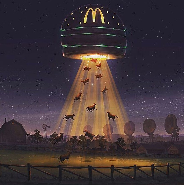 744x750, 116 Kb / НЛО, макдак, тарелка, коровы, ферма, поле, забор
